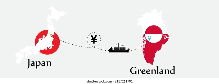 Business concept of both country. Ship transport from Japan go to Greenland. And flags symbol on maps. EPS.file.Cargo ship.