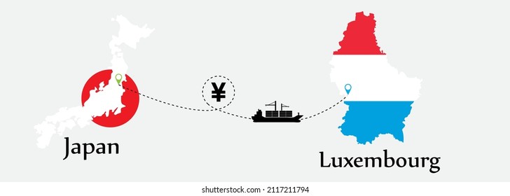 Business concept of both country. Ship transport from Japan go to Luxembourg. And flags symbol on maps. EPS.file.Cargo ship.