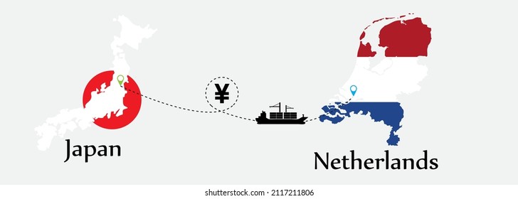 Business concept of both country. Ship transport from Japan go to Netherlands. And flags symbol on maps. EPS.file.Cargo ship.
