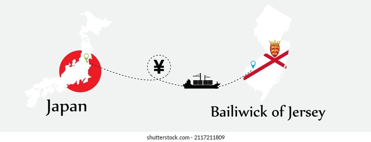Business concept of both country. Ship transport from Japan go to Bailiwick of Jersey. And flags symbol on maps. EPS.file.Cargo ship.