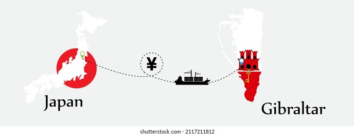 Business concept of both country. Ship transport from Japan go to Gibraltar. And flags symbol on maps. EPS.file.Cargo ship.