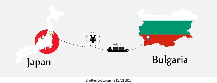 Business concept of both country. Ship transport from Japan go to Bulgaria. And flags symbol on maps. EPS.file.Cargo ship.