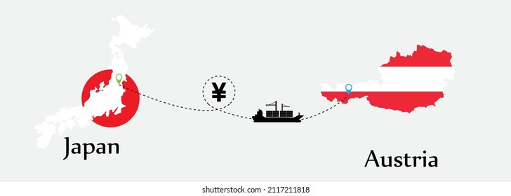 Business concept of both country. Ship transport from Japan go to Austria. And flags symbol on maps. EPS.file.Cargo ship.
