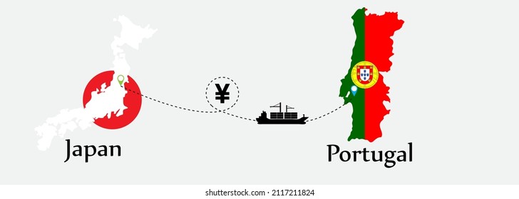 Business concept of both country. Ship transport from Japan go to Portugal. And flags symbol on maps. EPS.file.Cargo ship.