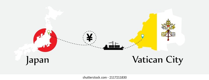 Business concept of both country. Ship transport from Japan go to Vatican City. And flags symbol on maps. EPS.file.Cargo ship.