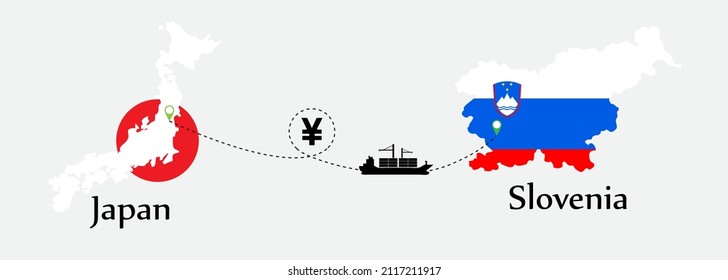 Business concept of both country. Ship transport from Japan go to Slovenia. And flags symbol on maps. EPS.file.Cargo ship.