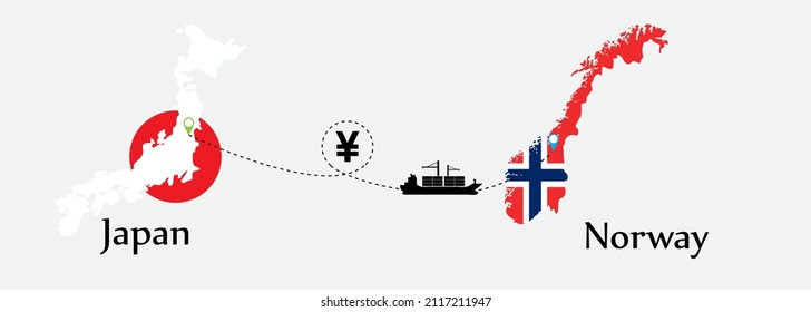Business concept of both country. Ship transport from Japan go to Norway. And flags symbol on maps. EPS.file.Cargo ship.