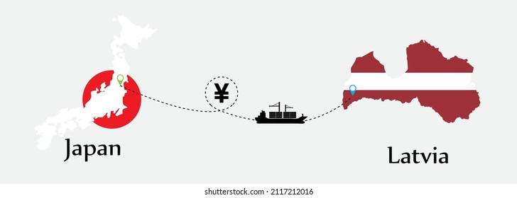 Business concept of both country. Ship transport from Japan go to Latvia. And flags symbol on maps. EPS.file.Cargo ship.