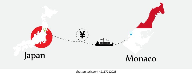 Business concept of both country. Ship transport from Japan go to Monaco. And flags symbol on maps. EPS.file.Cargo ship.