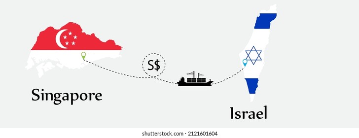 Business concept of both country. Ship transport from Singapore go to Israel. And flags symbol on maps. EPS.file.Cargo ship.