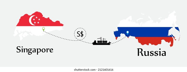Business concept of both country. Ship transport from Singapore go to Russia. And flags symbol on maps. EPS.file.Cargo ship.