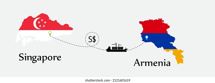 Business concept of both country. Ship transport from Singapore go to Armenia. And flags symbol on maps. EPS.file.Cargo ship.
