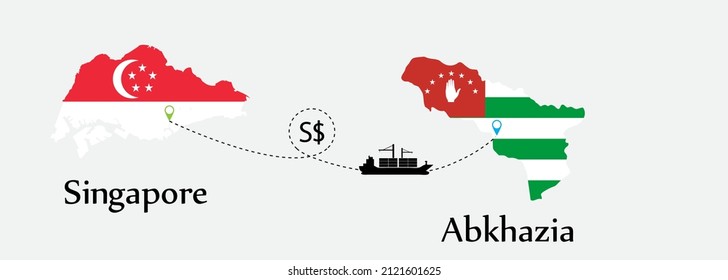 Business concept of both country. Ship transport from Singapore go to Abkhazia. And flags symbol on maps. EPS.file.Cargo ship.