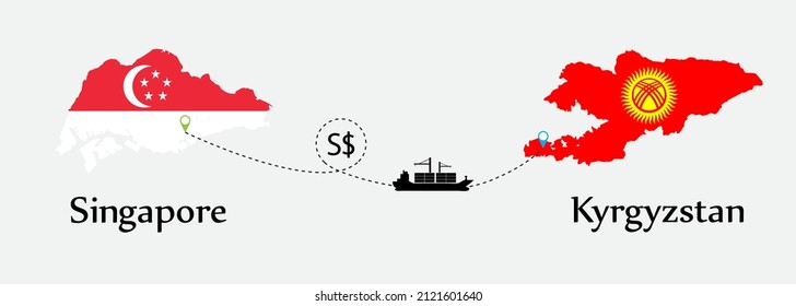 Business concept of both country. Ship transport from Singapore go to Kyrgyzstan. And flags symbol on maps. EPS.file.Cargo ship.