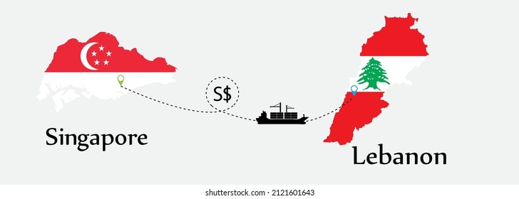 Business concept of both country. Ship transport from Singapore go to Lebanon. And flags symbol on maps. EPS.file.Cargo ship.