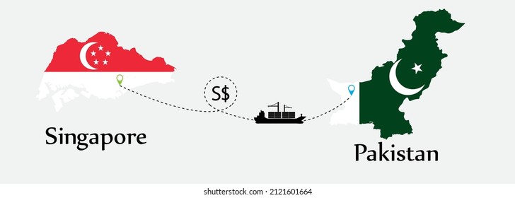 Business concept of both country. Ship transport from Singapore go to Pakistan. And flags symbol on maps. EPS.file.Cargo ship.