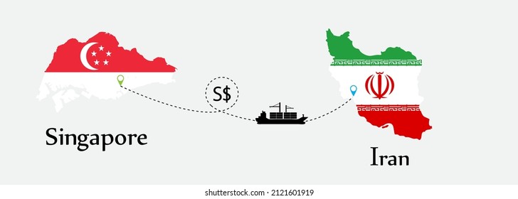 Business concept of both country. Ship transport from Singapore go to Iran. And flags symbol on maps. EPS.file.Cargo ship.