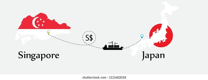 Business concept of both country. Ship transport from Singapore go to Japan. And flags symbol on maps. EPS.file.Cargo ship.