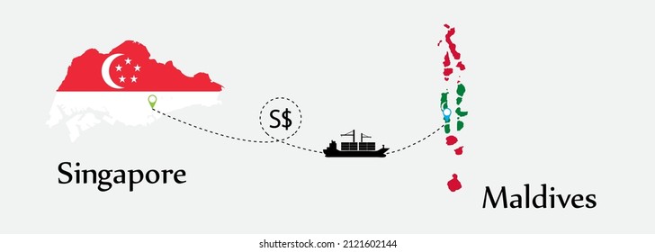 Business concept of both country. Ship transport from Singapore go to Maldives. And flags symbol on maps. EPS.file.Cargo ship.