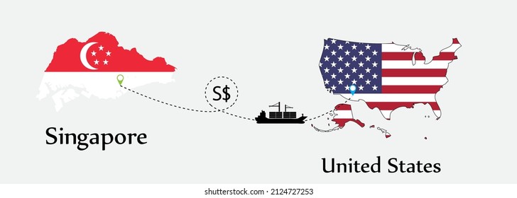 Business concept of both country. Ship transport from Singapore go to United States. And flags symbol on maps. EPS.file.Cargo ship.