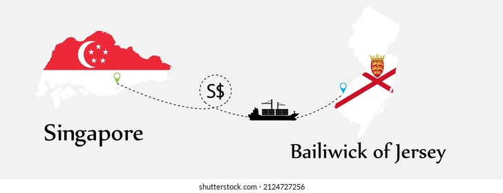 Business concept of both country. Ship transport from Singapore go to Bailiwick of Jersey. And flags symbol on maps. EPS.file.Cargo ship.
