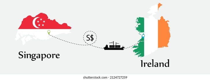 Business concept of both country. Ship transport from Singapore go to Ireland. And flags symbol on maps. EPS.file.Cargo ship.