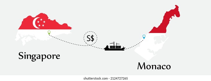 Business concept of both country. Ship transport from Singapore go to Monaco. And flags symbol on maps. EPS.file.Cargo ship.