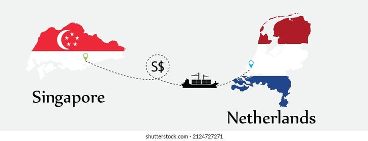 Business concept of both country. Ship transport from Singapore go to Netherlands. And flags symbol on maps. EPS.file.Cargo ship.