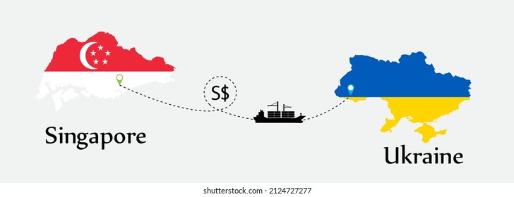 Business concept of both country. Ship transport from Singapore go to Ukraine. And flags symbol on maps. EPS.file.Cargo ship.