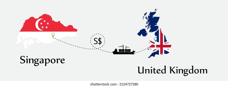 Business concept of both country. Ship transport from Singapore go to United Kingdom. And flags symbol on maps. EPS.file.Cargo ship.