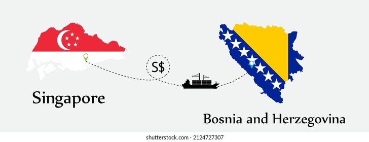 Business concept of both country. Ship transport from Singapore go to Bosnia and Herzegovina. And flags symbol on maps. EPS.file.Cargo ship.