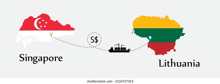 Business concept of both country. Ship transport from Singapore go to Lithuania. And flags symbol on maps. EPS.file.Cargo ship.