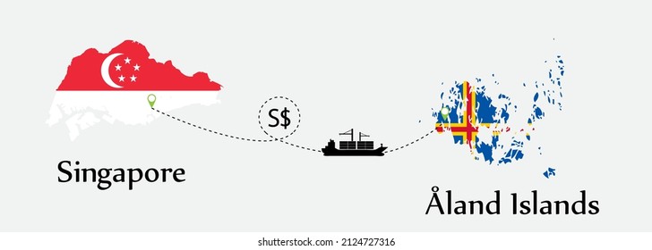 Business concept of both country. Ship transport from Singapore go to Åland Islands. And flags symbol on maps. EPS.file.Cargo ship.