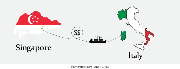 Business concept of both country. Ship transport from Singapore go to Italy. And flags symbol on maps. EPS.file.Cargo ship.
