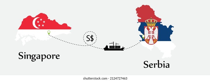 Business concept of both country. Ship transport from Singapore go to Serbia. And flags symbol on maps. EPS.file.Cargo ship.