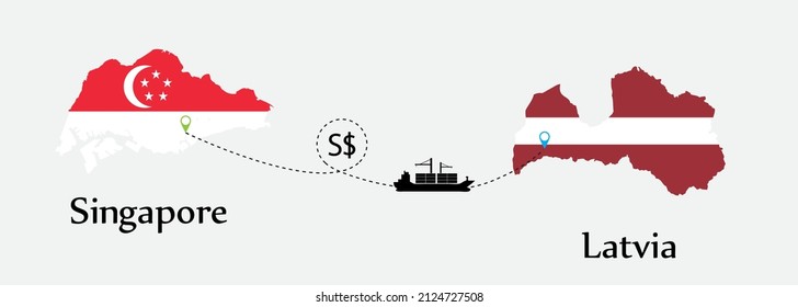 Business concept of both country. Ship transport from Singapore go to Latvia. And flags symbol on maps. EPS.file.Cargo ship.