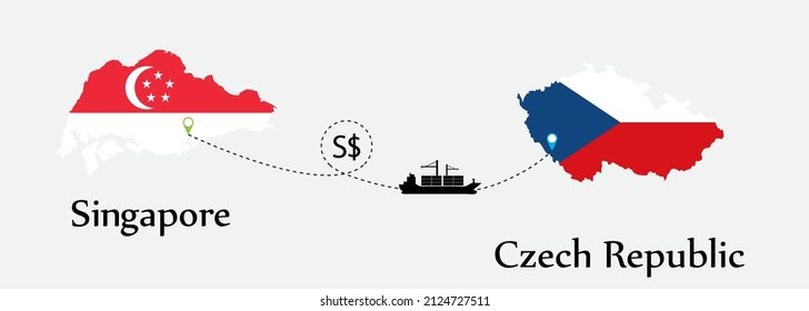 Business concept of both country. Ship transport from Singapore go to Czech Republic. And flags symbol on maps. EPS.file.Cargo ship.