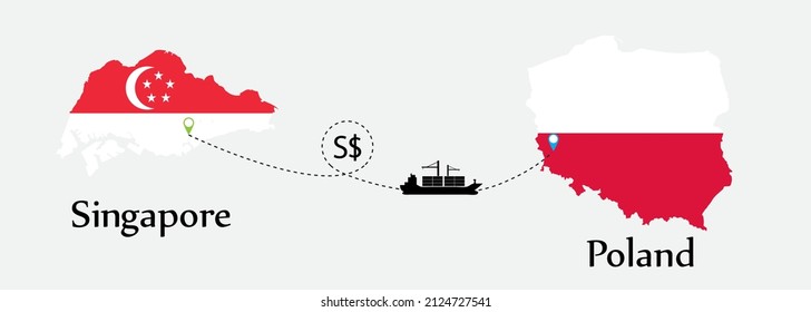 Business concept of both country. Ship transport from Singapore go to Poland. And flags symbol on maps. EPS.file.Cargo ship.