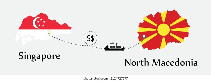 Business concept of both country. Ship transport from Singapore go to North Macedonia. And flags symbol on maps. EPS.file.Cargo ship.