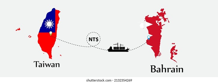 Business concept of both country. Ship transport from Taiwan go to Bahrain. And flags symbol on maps. EPS.file.Cargo ship.