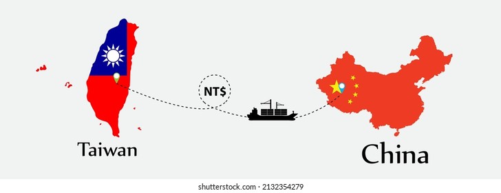 Business concept of both country. Ship transport from Taiwan go to China. And flags symbol on maps. EPS.file.Cargo ship.