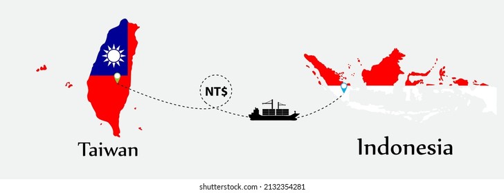 Business concept of both country. Ship transport from Taiwan go to Indonesia. And flags symbol on maps. EPS.file.Cargo ship.