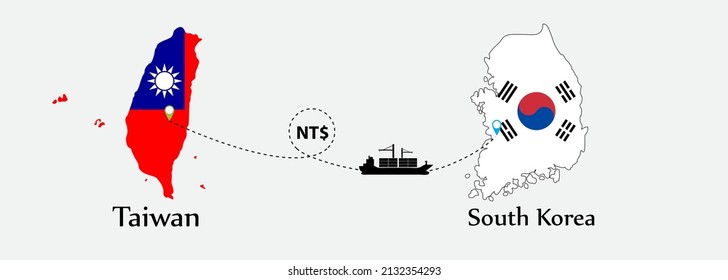 Business concept of both country. Ship transport from Taiwan go to South korea. And flags symbol on maps. EPS.file.Cargo ship.