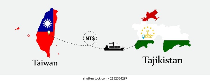Business concept of both country. Ship transport from Taiwan go to Tajikistan. And flags symbol on maps. EPS.file.Cargo ship.