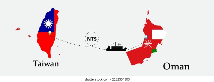 Business concept of both country. Ship transport from Taiwan go to Oman. And flags symbol on maps. EPS.file.Cargo ship.