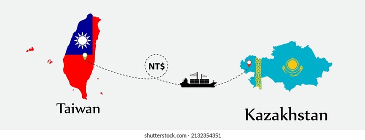 Business concept of both country. Ship transport from Taiwan go to Kazakhstan. And flags symbol on maps. EPS.file.Cargo ship.