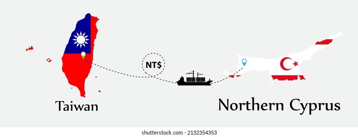 Business concept of both country. Ship transport from Taiwan go to Northern Cyprus. And flags symbol on maps. EPS.file.Cargo ship.