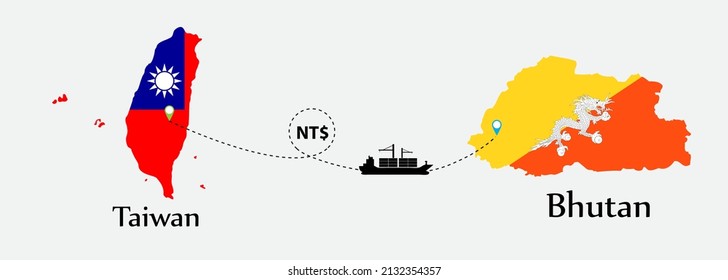 Business concept of both country. Ship transport from Taiwan go to Bhutan. And flags symbol on maps. EPS.file.Cargo ship.