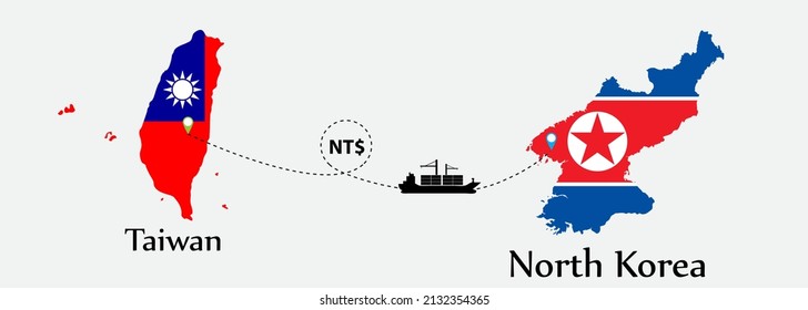 Business concept of both country. Ship transport from Taiwan go to North Korea. And flags symbol on maps. EPS.file.Cargo ship.