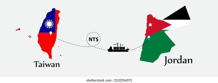 Business concept of both country. Ship transport from Taiwan go to Jordan. And flags symbol on maps. EPS.file.Cargo ship.